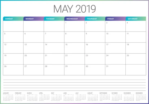 Maj 2019 Skrivbord Kalender Vektorillustration Enkel Och Ren Design — Stock vektor