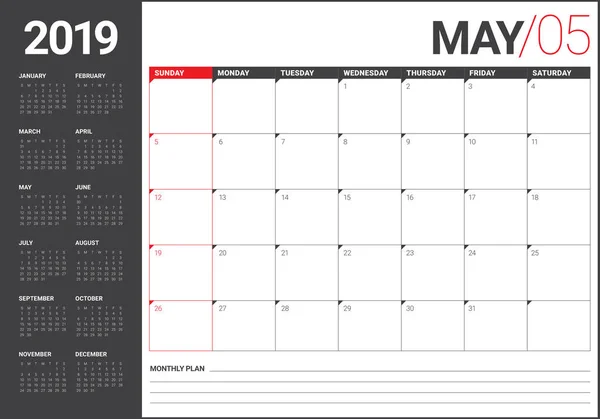 Mayo 2019 Escritorio Calendario Vector Ilustración Diseño Simple Limpio — Archivo Imágenes Vectoriales