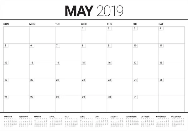 Května 2019 Stolní Kalendář Vektorové Ilustrace Jednoduchý Čistý Design — Stockový vektor