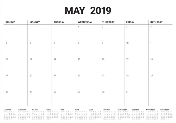 Ilustracja Wektorowa Maja 2019 Biurko Kalendarza Prosty Czysty Design — Wektor stockowy