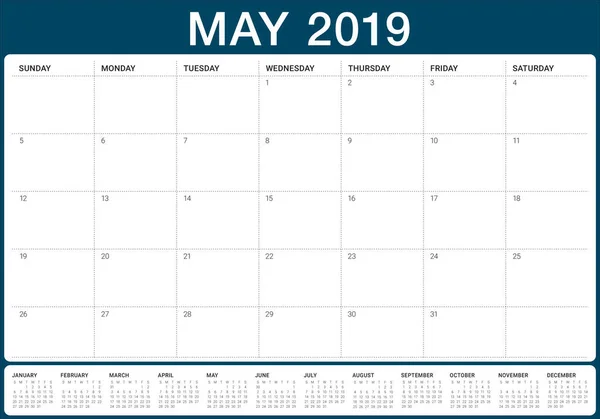 Mayo 2019 Escritorio Calendario Vector Ilustración Diseño Simple Limpio — Archivo Imágenes Vectoriales