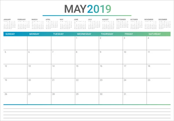 Май 2019 Года Настольный Календарь Векторная Иллюстрация Простой Чистый Дизайн — стоковый вектор