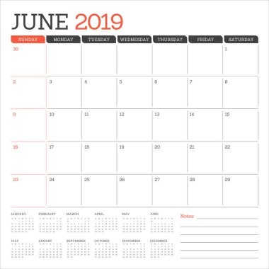 Haziran 2019 Resepsiyon takvim vektör çizim, basit ve temiz tasarım.