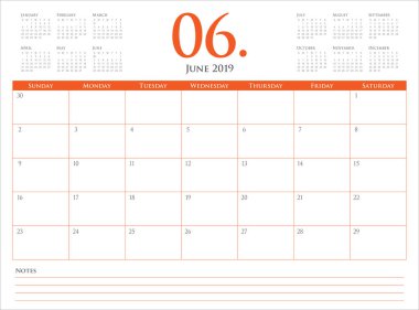 Haziran 2019 Resepsiyon takvim vektör çizim, basit ve temiz tasarım.