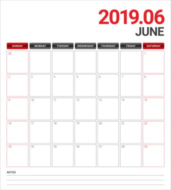 Haziran 2019 Resepsiyon takvim vektör çizim, basit ve temiz tasarım.