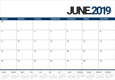 Haziran 2019 Resepsiyon takvim vektör çizim, basit ve temiz tasarım.
