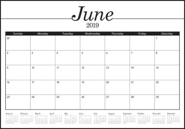 Haziran 2019 Resepsiyon takvim vektör çizim, basit ve temiz tasarım.