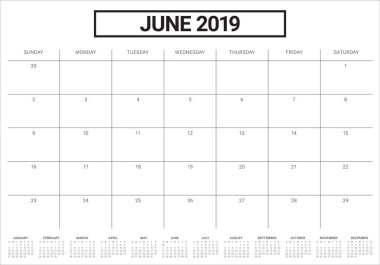 Haziran 2019 Resepsiyon takvim vektör çizim, basit ve temiz tasarım.