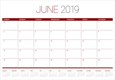 Haziran 2019 Resepsiyon takvim vektör çizim, basit ve temiz tasarım.