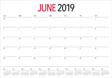 Haziran 2019 Resepsiyon takvim vektör çizim, basit ve temiz tasarım.