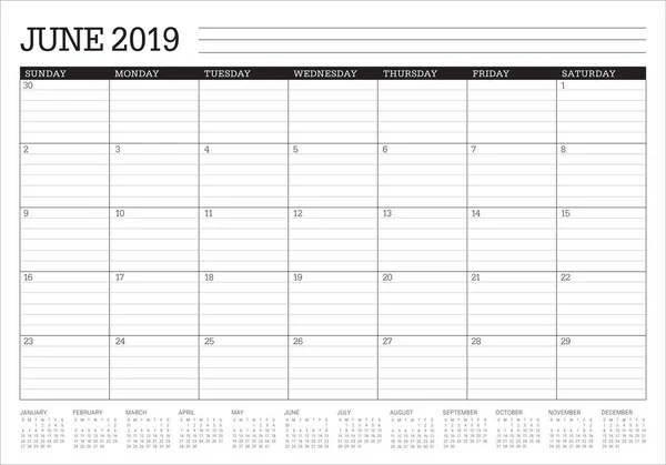 Calendrier Bureau Juin 2019 Illustration Vectorielle Design Simple Épuré — Image vectorielle