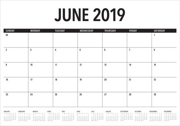 Червень 2019 Настільний Календар Векторні Ілюстрації Простий Чистий Дизайн — стоковий вектор