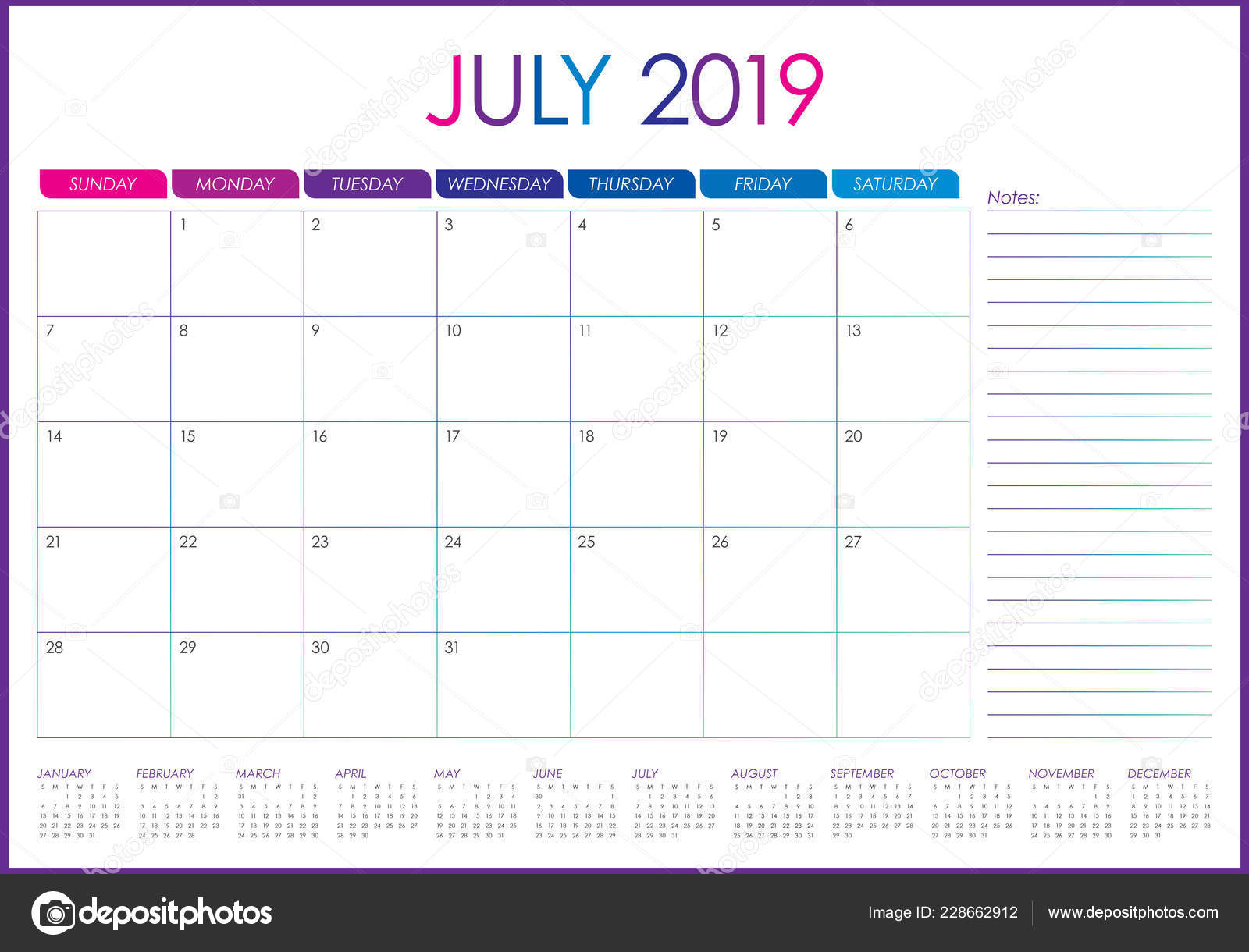 Calendario Julio 2019 Imprimible con Feriados Calendario Julio 2019 Imprimible con Feriados