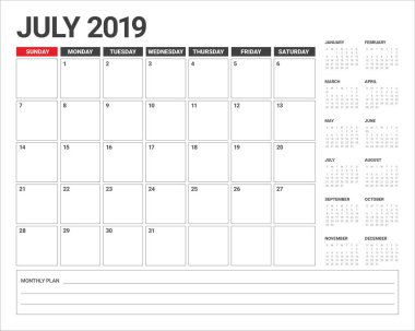 Temmuz 2019 Resepsiyon takvim vektör çizim, basit ve temiz tasarım.