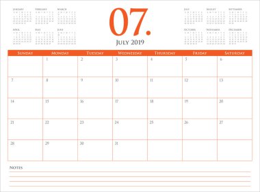 Temmuz 2019 Resepsiyon takvim vektör çizim, basit ve temiz tasarım.