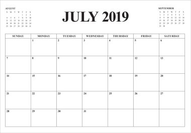 Temmuz 2019 Resepsiyon takvim vektör çizim, basit ve temiz tasarım.