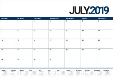 Temmuz 2019 Resepsiyon takvim vektör çizim, basit ve temiz tasarım.