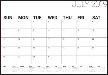 Temmuz 2019 Resepsiyon takvim vektör çizim, basit ve temiz tasarım.