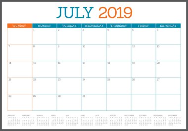 Temmuz 2019 Resepsiyon takvim vektör çizim, basit ve temiz tasarım.