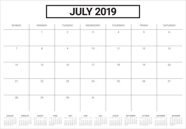 Temmuz 2019 Resepsiyon takvim vektör çizim, basit ve temiz tasarım.