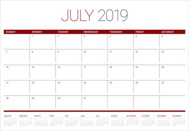 Temmuz 2019 Resepsiyon takvim vektör çizim, basit ve temiz tasarım.