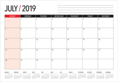 Temmuz 2019 Resepsiyon takvim vektör çizim, basit ve temiz tasarım.