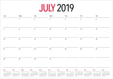 Temmuz 2019 Resepsiyon takvim vektör çizim, basit ve temiz tasarım.