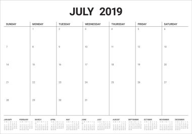 Temmuz 2019 Resepsiyon takvim vektör çizim, basit ve temiz tasarım.