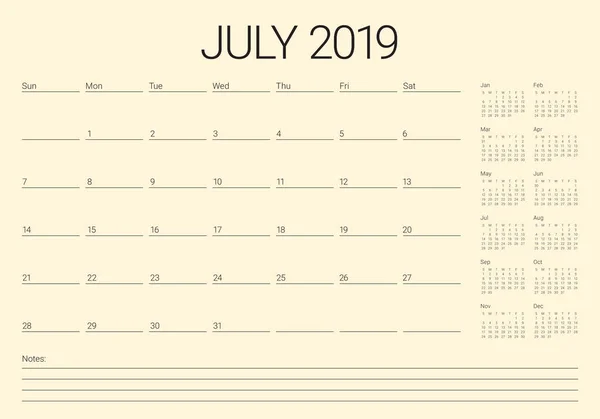 Luglio 2019 Scrivania Calendario Vettoriale Illustrazione Design Semplice Pulito — Vettoriale Stock