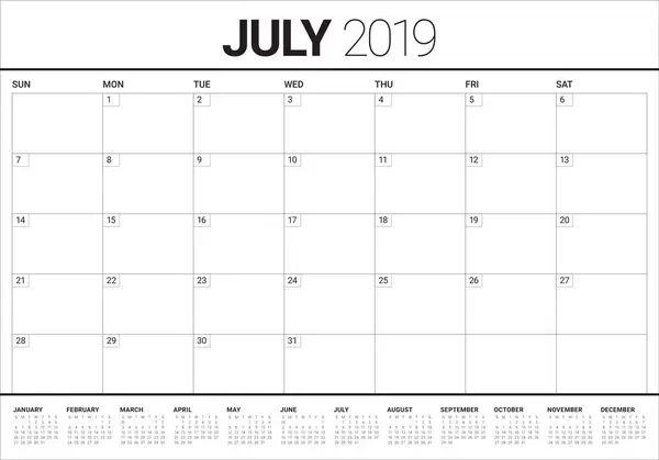 July 2019 Desk Calendar Vector Illustration Simple Clean Design — Stock Vector