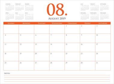 Ağustos 2019 Resepsiyon takvim vektör çizim, basit ve temiz tasarım.