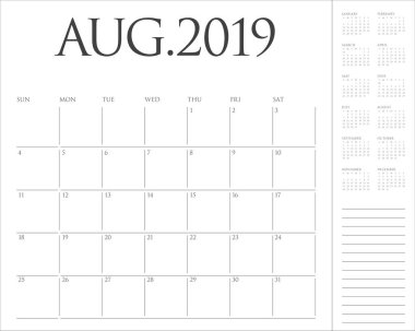 Ağustos 2019 Resepsiyon takvim vektör çizim, basit ve temiz tasarım.