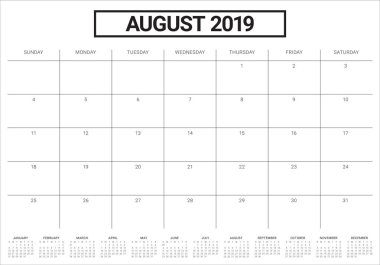 Ağustos 2019 Resepsiyon takvim vektör çizim, basit ve temiz tasarım.