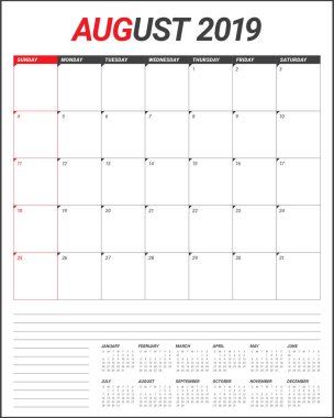 Ağustos 2019 Resepsiyon takvim vektör çizim, basit ve temiz tasarım.