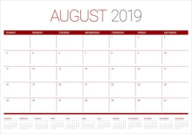 Ağustos 2019 Resepsiyon takvim vektör çizim, basit ve temiz tasarım.