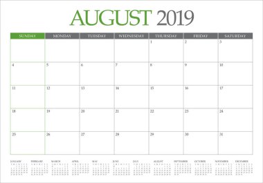 Ağustos 2019 Resepsiyon takvim vektör çizim, basit ve temiz tasarım.