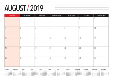 Ağustos 2019 Resepsiyon takvim vektör çizim, basit ve temiz tasarım.