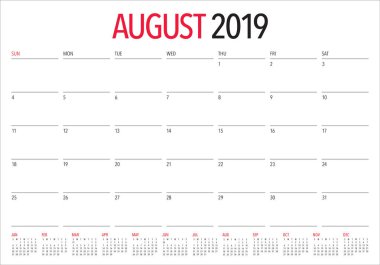 Ağustos 2019 Resepsiyon takvim vektör çizim, basit ve temiz tasarım.