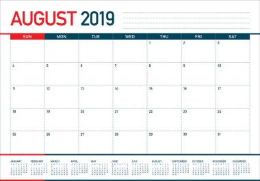 Ağustos 2019 Resepsiyon takvim vektör çizim, basit ve temiz tasarım.