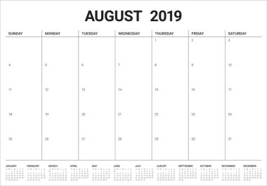 Ağustos 2019 Resepsiyon takvim vektör çizim, basit ve temiz tasarım.