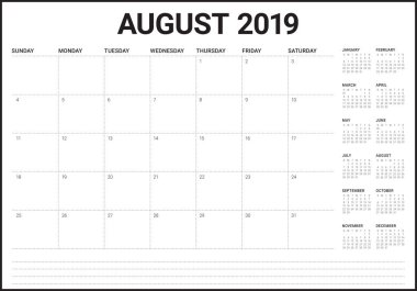 Ağustos 2019 Resepsiyon takvim vektör çizim, basit ve temiz tasarım.