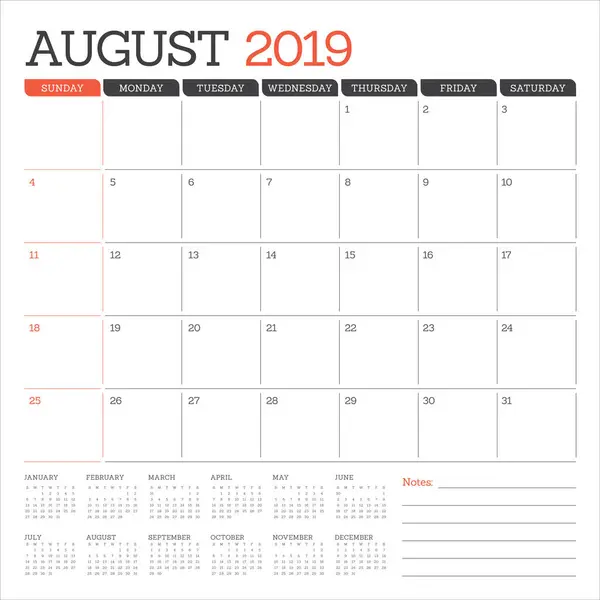 Août 2019 Illustration Vectorielle Calendrier Bureau Design Simple Propre — Image vectorielle