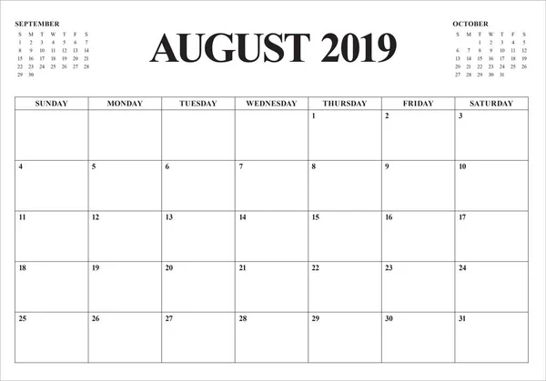 Augusti 2019 Skrivbord Kalender Vektorillustration Enkel Och Ren Design — Stock vektor