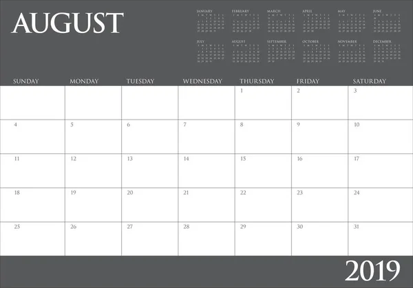 August 2019 Desk Calendar Vector Illustration Simple Clean Design — Stock Vector