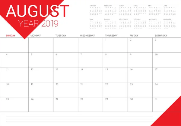 August 2019 Tischkalender Vektordarstellung Einfaches Und Sauberes Design — Stockvektor