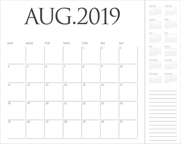 August 2019 Desk Calendar Vector Illustration Simple Clean Design — Stock Vector