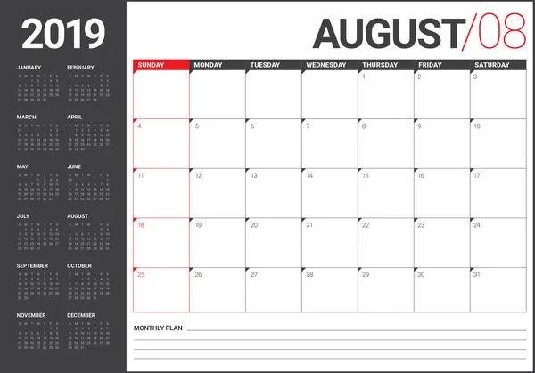 Ilustracja Wektorowa Sierpnia 2019 Biurko Kalendarza Prosty Czysty Design — Wektor stockowy
