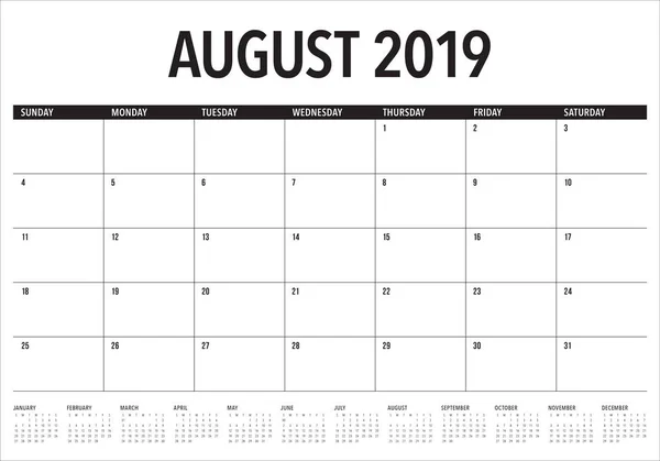 August 2019 Desk Calendar Vector Illustration Simple Clean Design — Stock Vector