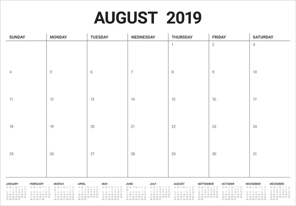 Август 2019 Настольный Календарь Векторная Иллюстрация Простой Чистый Дизайн — стоковый вектор