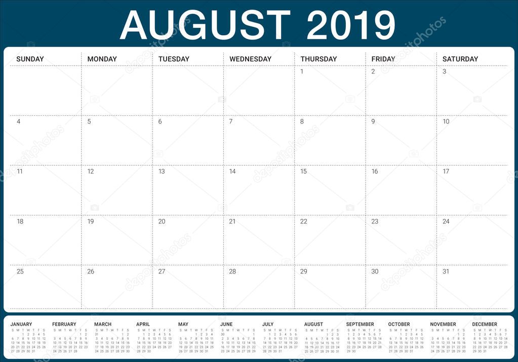 August 2019 desk calendar vector illustration, simple and clean design.